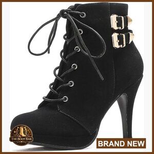 Platform Ankle Boots with Chunky Heels, Lace Up Closure, Metallic Buckle